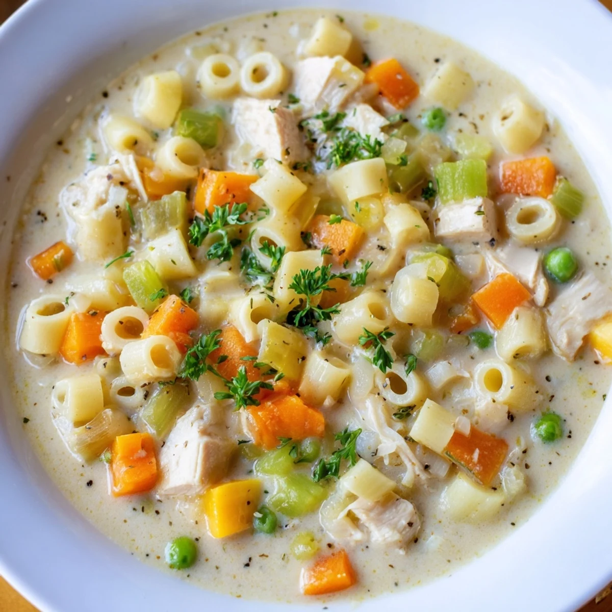 Enjoy a warm bowl of Chicken Pot Pie Pasta Soup, packed with tender chicken, creamy, and delicious.