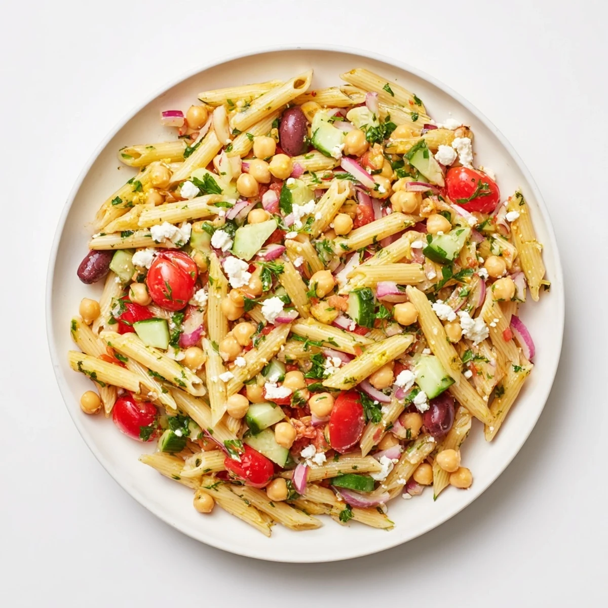 Mediterranean pasta salad bursting with colorful veggies, chickpeas, and creamy feta cheese.