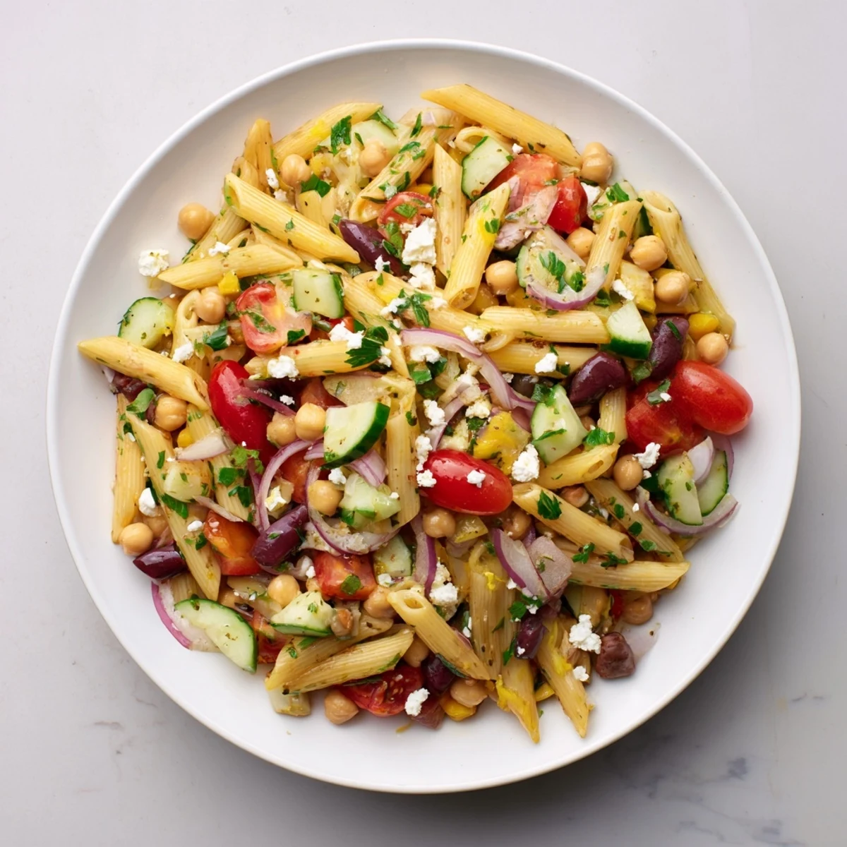 Freshly tossed Mediterranean pasta salad, featuring bright red tomatoes and drizzled with olive oil dressing.