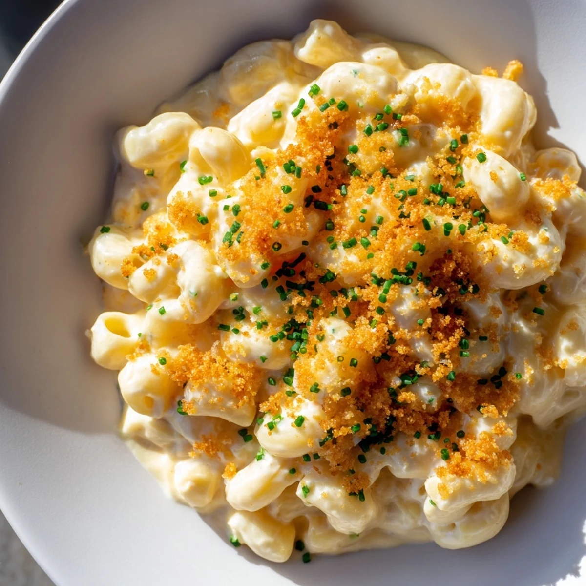 A close-up of creamy cottage cheese mac and cheese, ready to serve with fresh herbs.