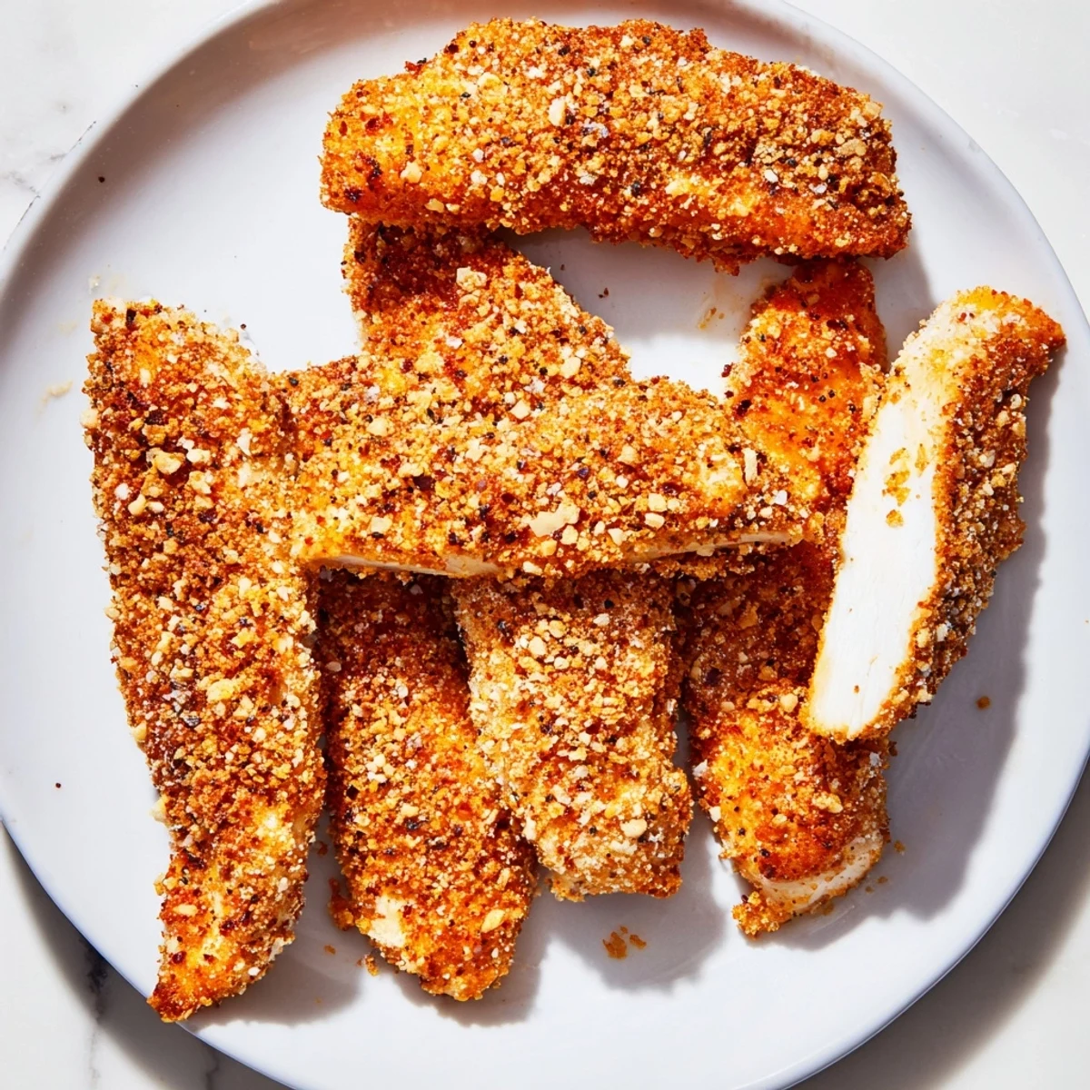 Golden-brown crispy air-fried chicken tenders served with a flavorful dipping sauce, ready to enjoy.