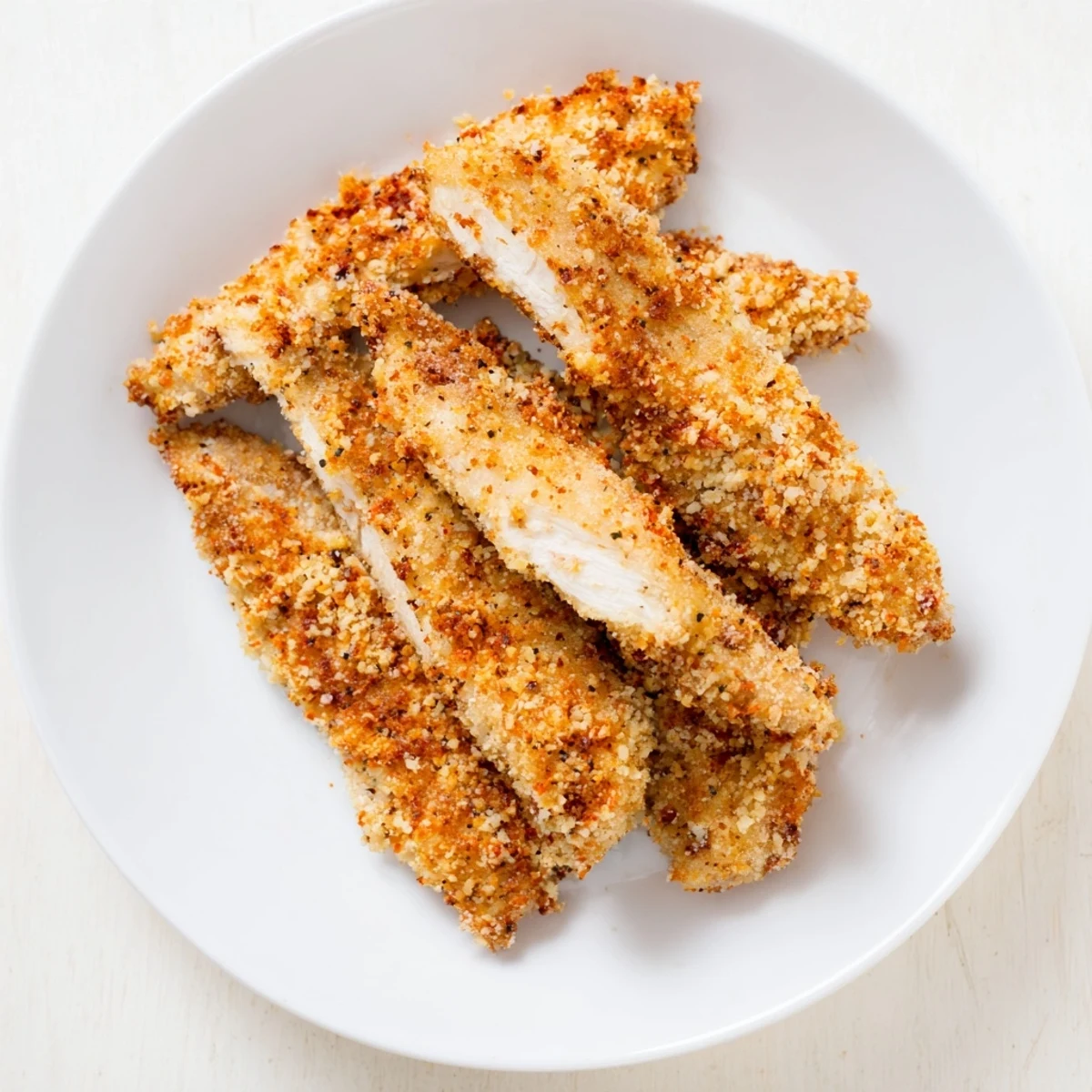 Close-up of perfectly cooked crispy air-fried chicken tenders, showcasing the crunchy breading and juicy chicken.