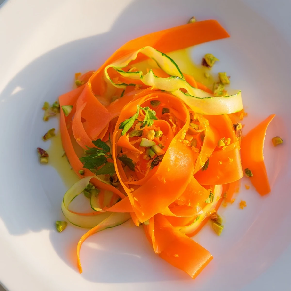 A refreshing Citrus Carrot Ribbon Salad with chopped herbs, ready to be served and enjoyed.