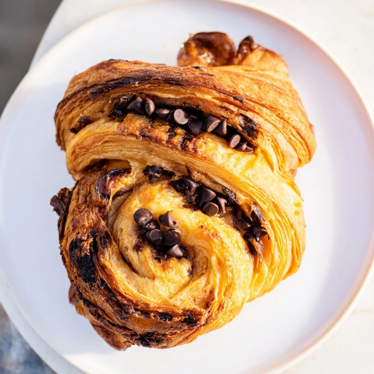Mouthwatering image of baked Chocolate Cookie Croissants: flaky croissants filled with sweet cookie dough.