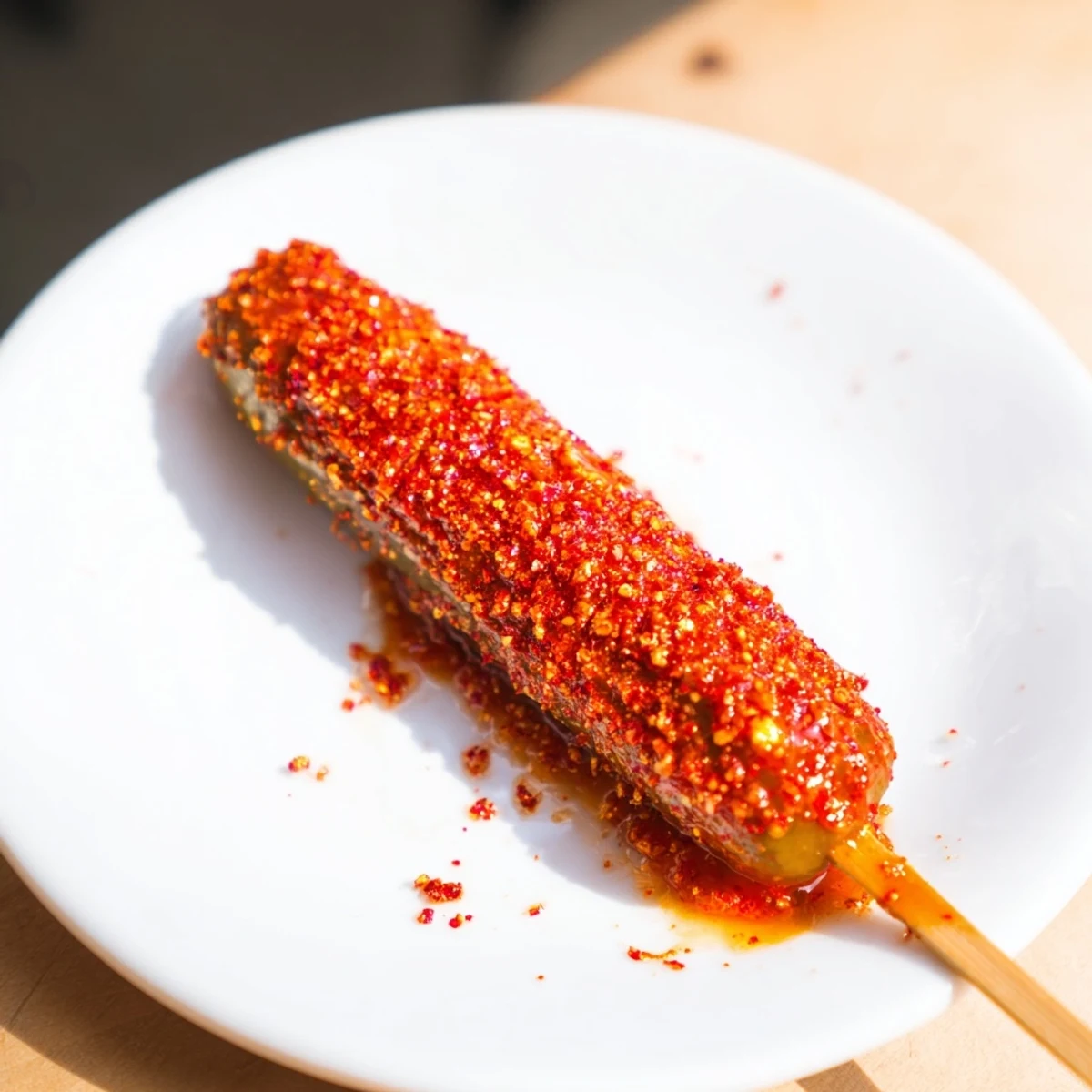 Crisp, glistening Chamoy-Tajín pickle sticks, a bright red coating covered in spicy seasoning.