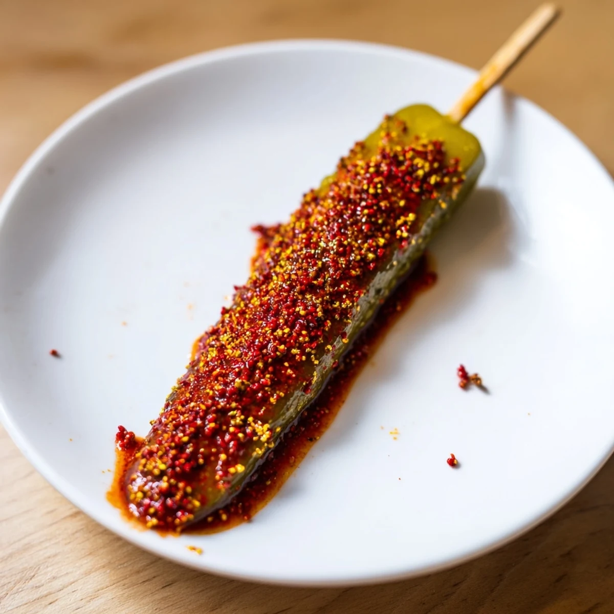 Close-up of a refreshing snack: Chamoy-Tajín pickle sticks with a perfect balance of sweet and heat.