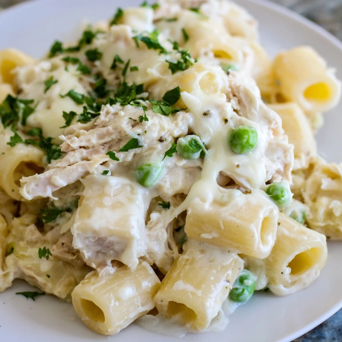 A close-up shot of the savory Slow Cooker Chicken Alfredo Pasta Bake, perfect for a family dinner.