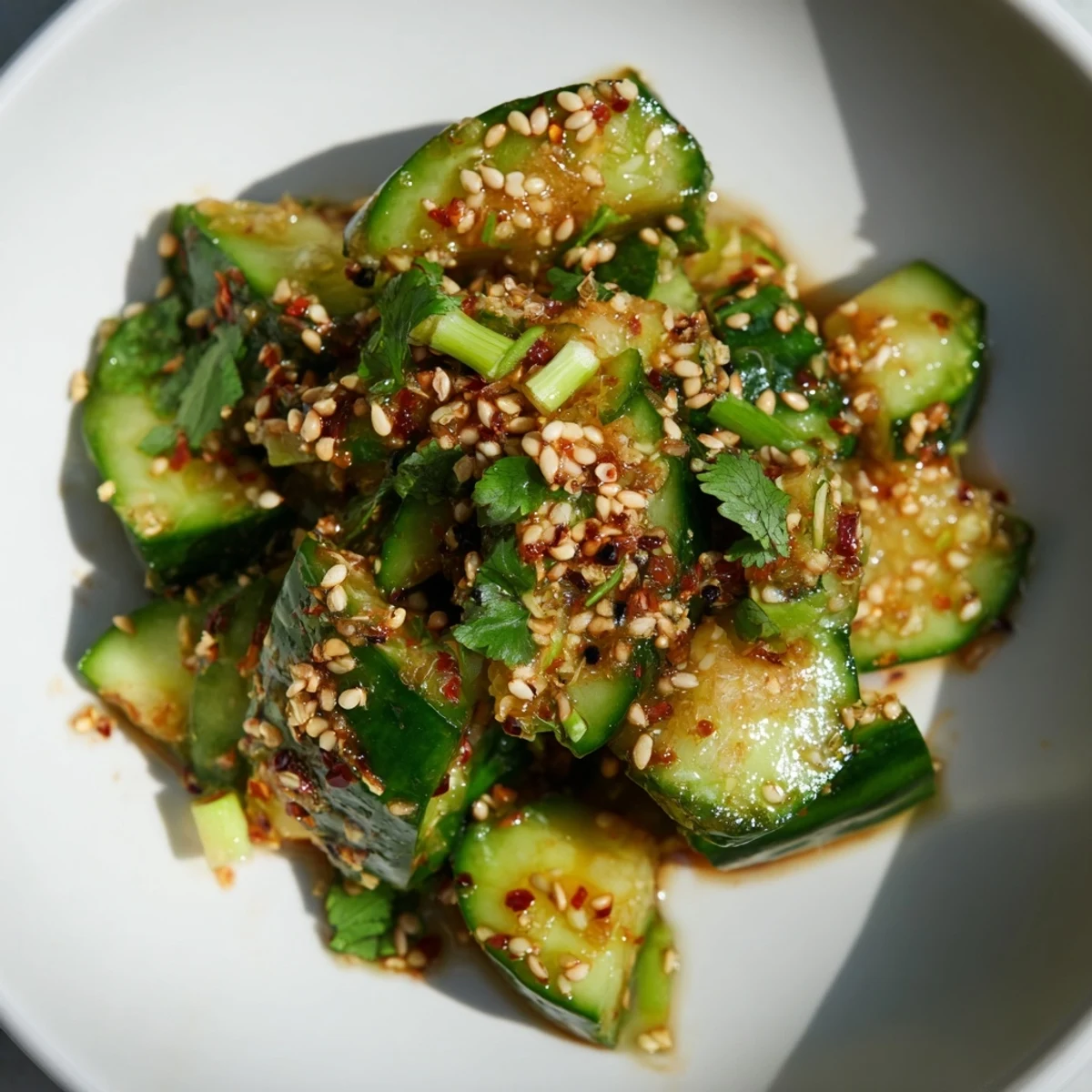 A bowl of fresh Chinese Spicy Smashed Cucumber Salad, a vegan delight with a zesty, flavorful kick.