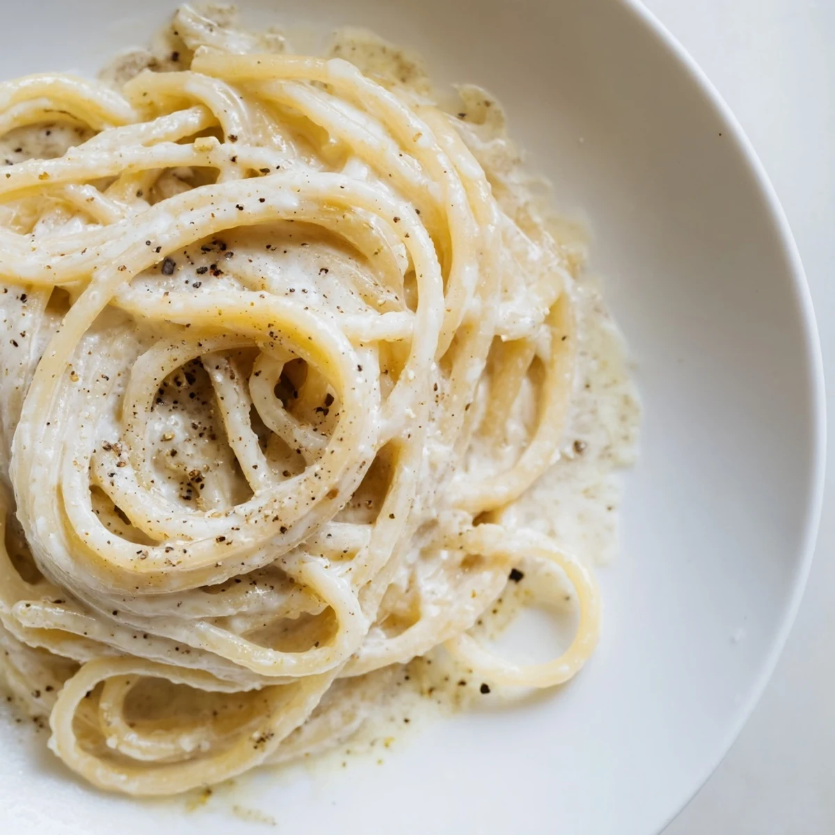 Creamy Lazy Girl Three-Ingredient Pasta shimmering with melted butter and Parmesan, ready to eat.