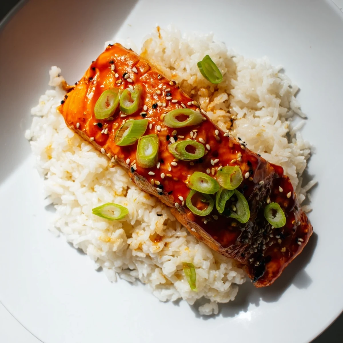 Tender Sticky Orange Salmon glistening with glaze, served over fluffy rice, a complete meal.