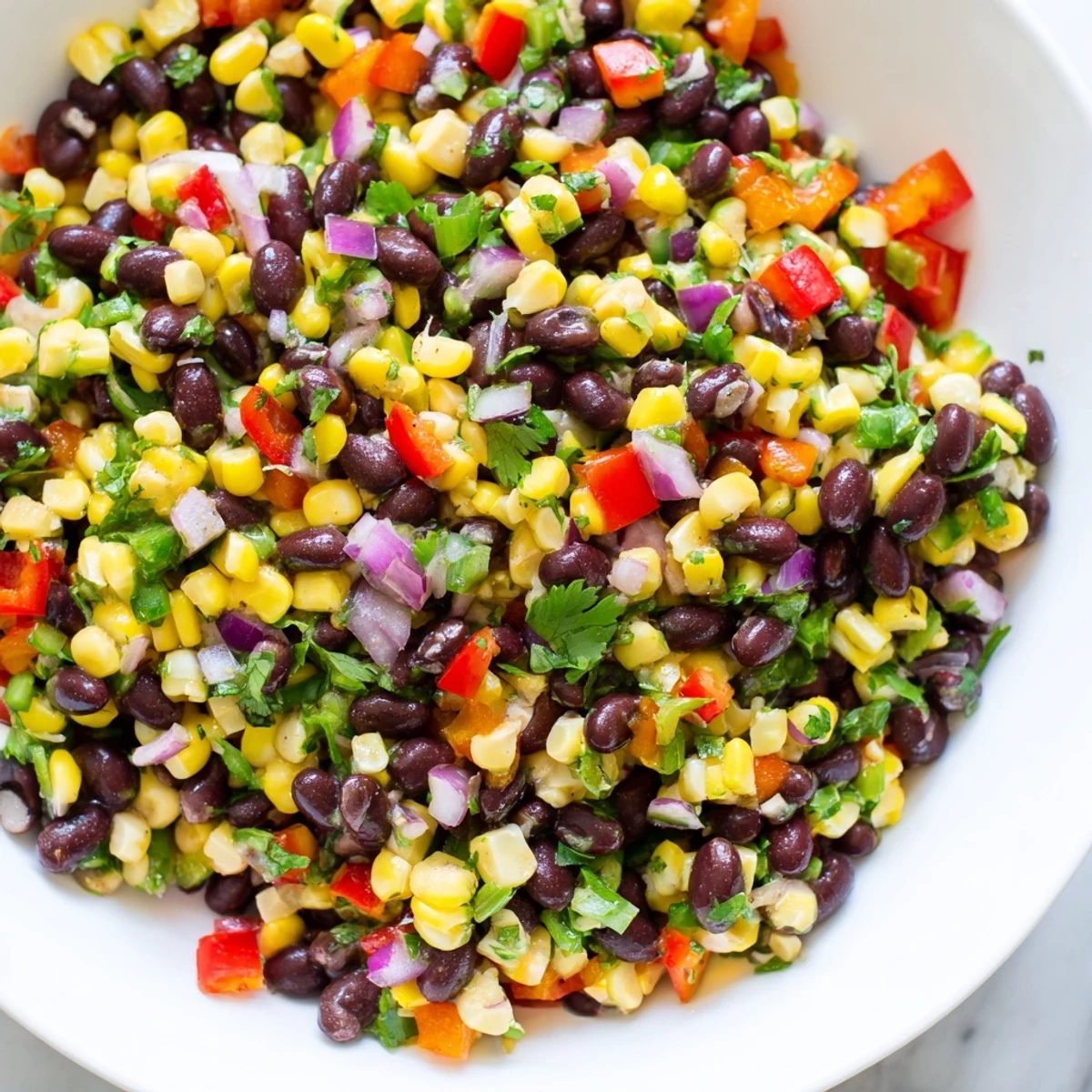 A colorful bowl of Cowboy Caviar Salad, bursting with fresh Southwestern flavors and textures.
