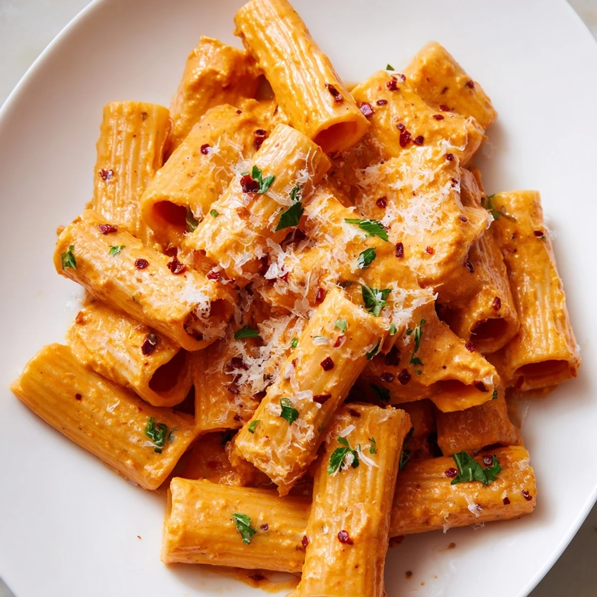 A steaming bowl of Gigi Hadid-Style Spicy Rigatoni, the perfect Italian-American comfort food, ready to serve.