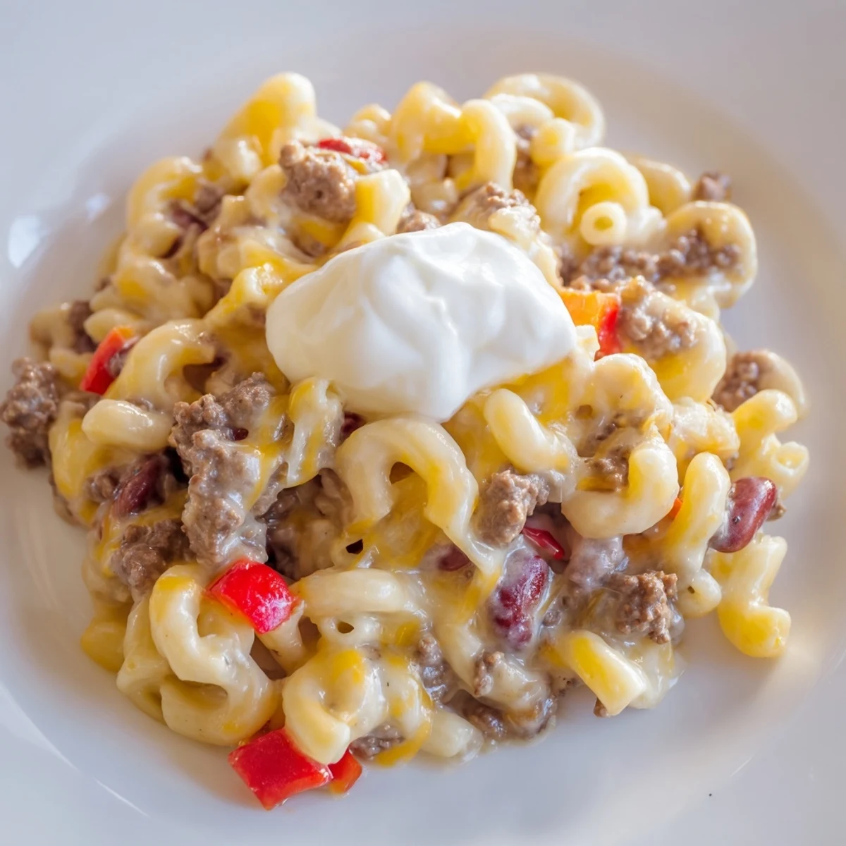 Hearty One-Pot Chili Mac with macaroni, ground beef, and beans, perfect for a family dinner.