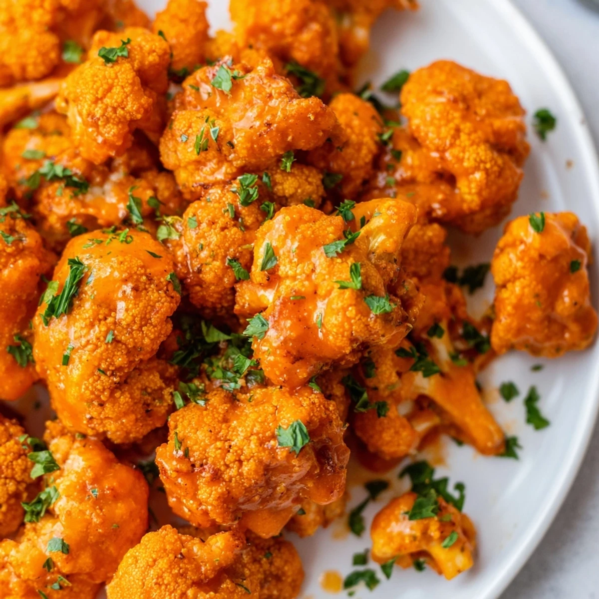 Crispy Buffalo Cauliflower Bites, glistening with hot sauce, perfect for game day snacking.