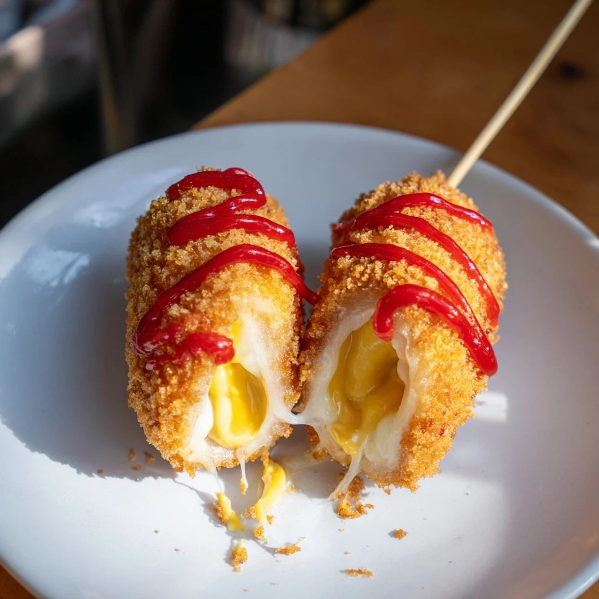 A close-up of a bubbling vat of oil frying delicious Cheesy Korean Corn Dogs to perfection.