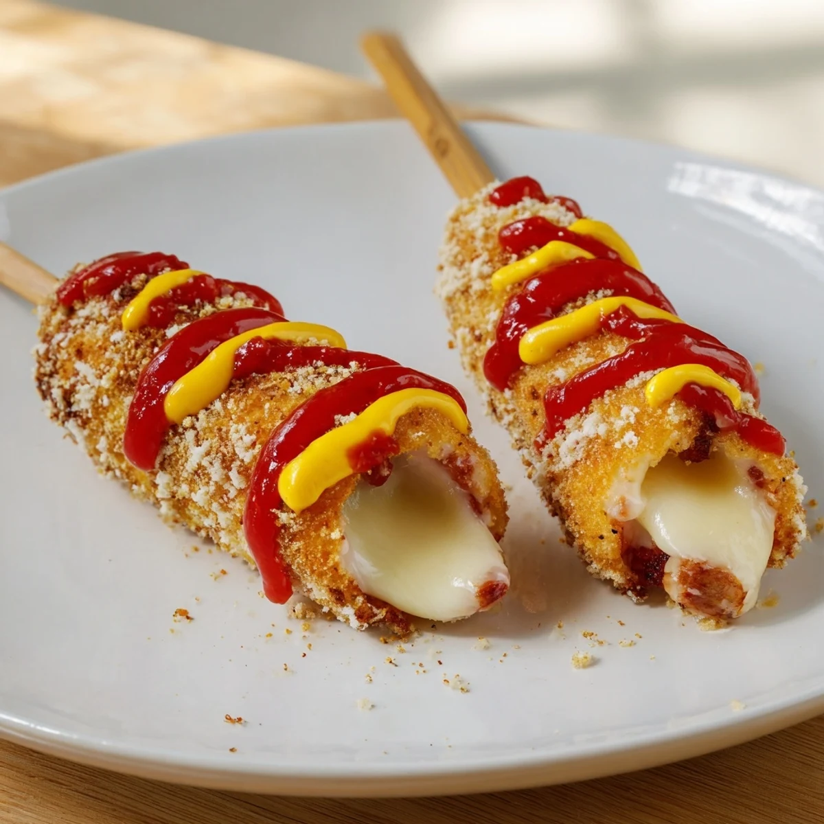 Golden, crispy Cheesy Korean Corn Dogs served fresh, with a dusting of sugar and ketchup.