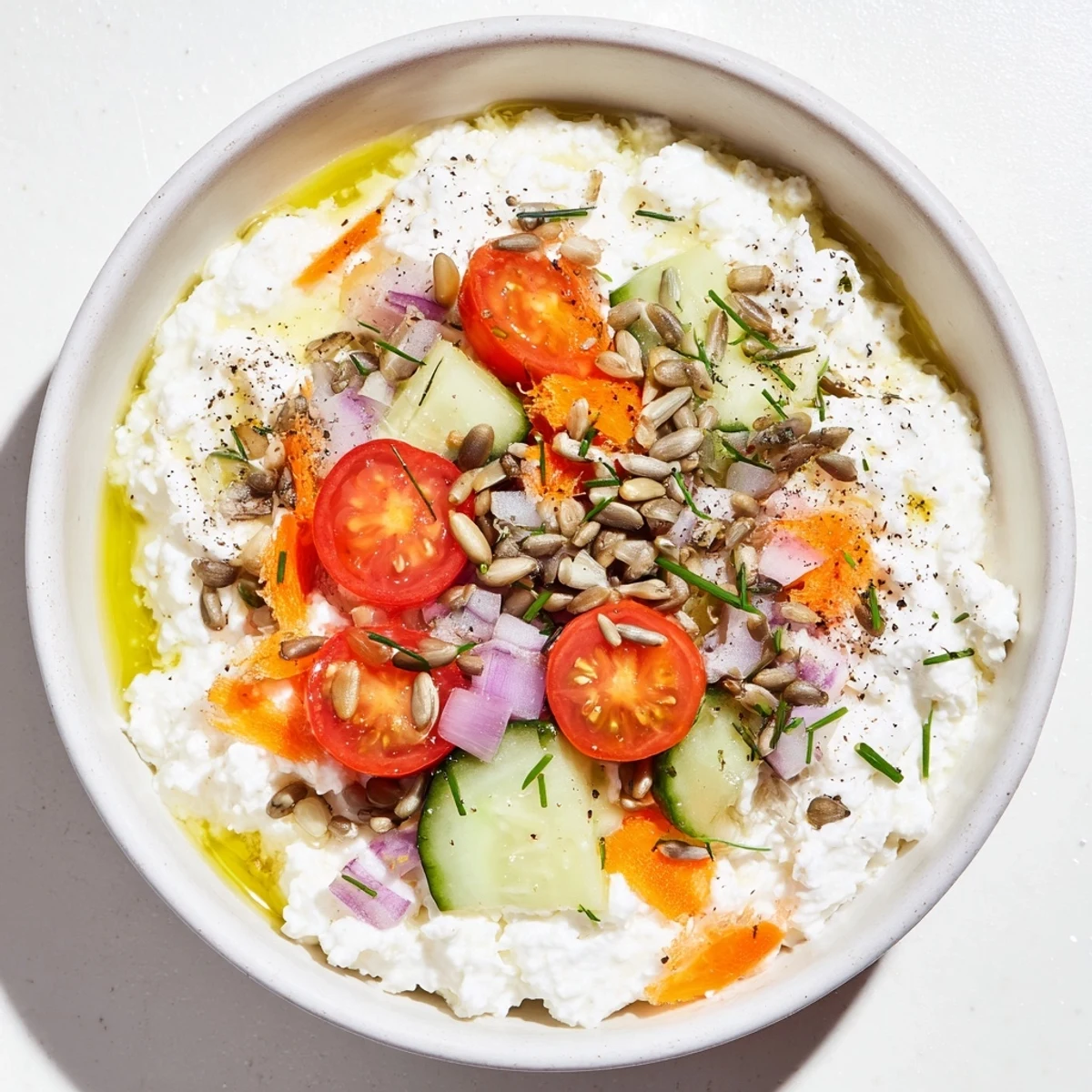 Creamy cottage cheese snack bowl with fresh veggies, olive oil and crunchy sunflower seeds.