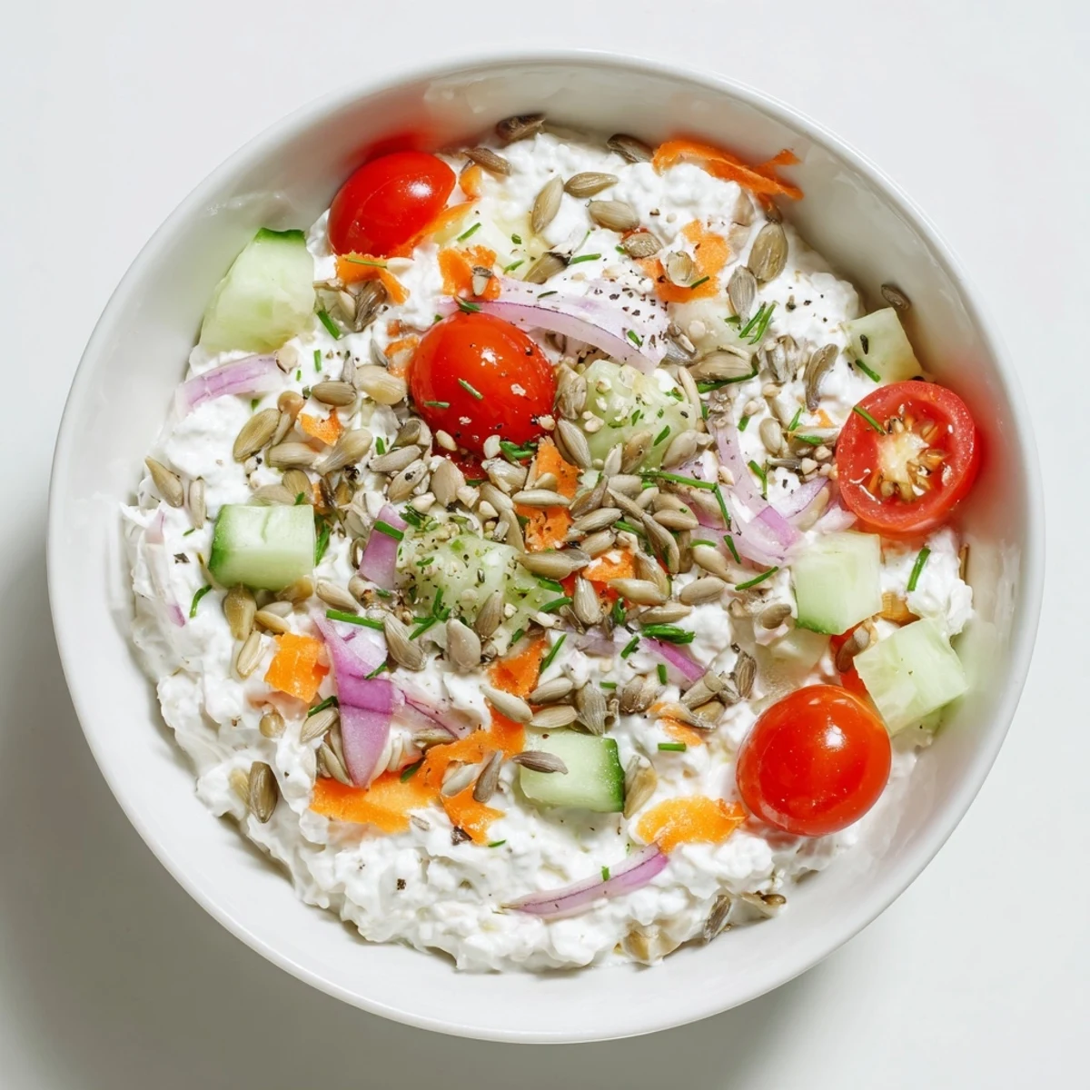 A colorful, healthy cottage cheese snack bowl featuring vibrant tomatoes, carrots, and chives.