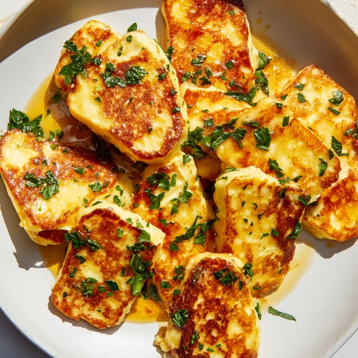 This photo shows a plate of delicious Hot Honey Halloumi, ready to enjoy as an appetizer.