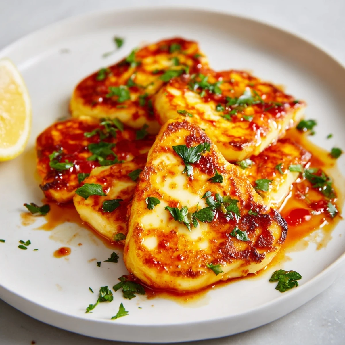 Golden-brown Hot Honey Halloumi, crispy and drizzled with a sweet and spicy glaze.