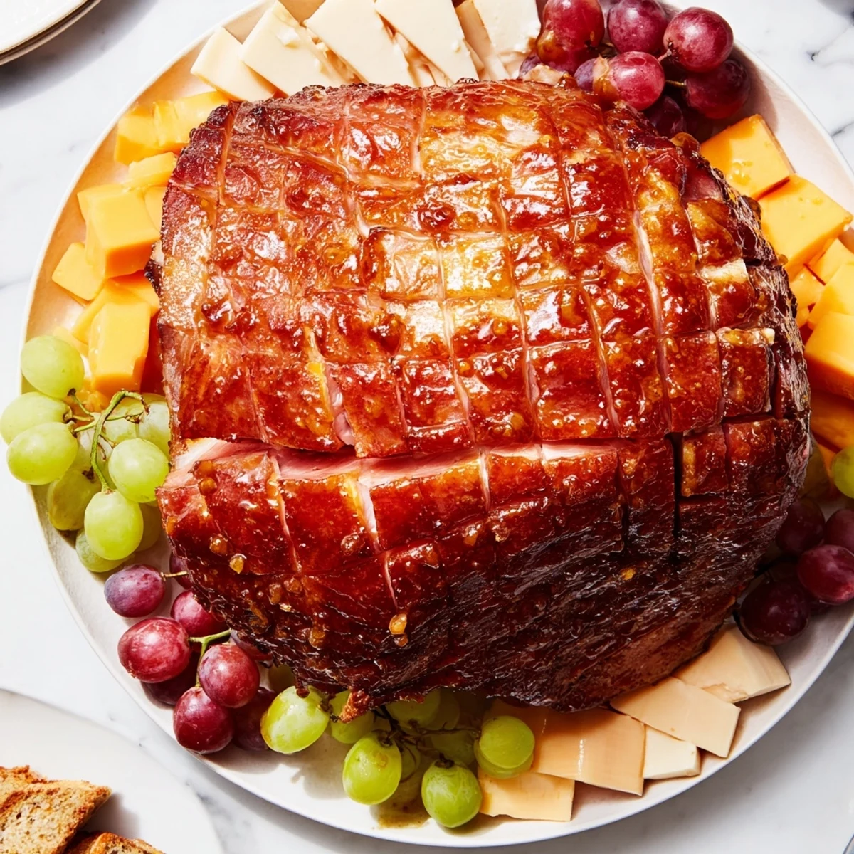 A glossy Glazed Ham Centerpiece Board with a ham centerpiece surrounded by flavorful accompaniments.