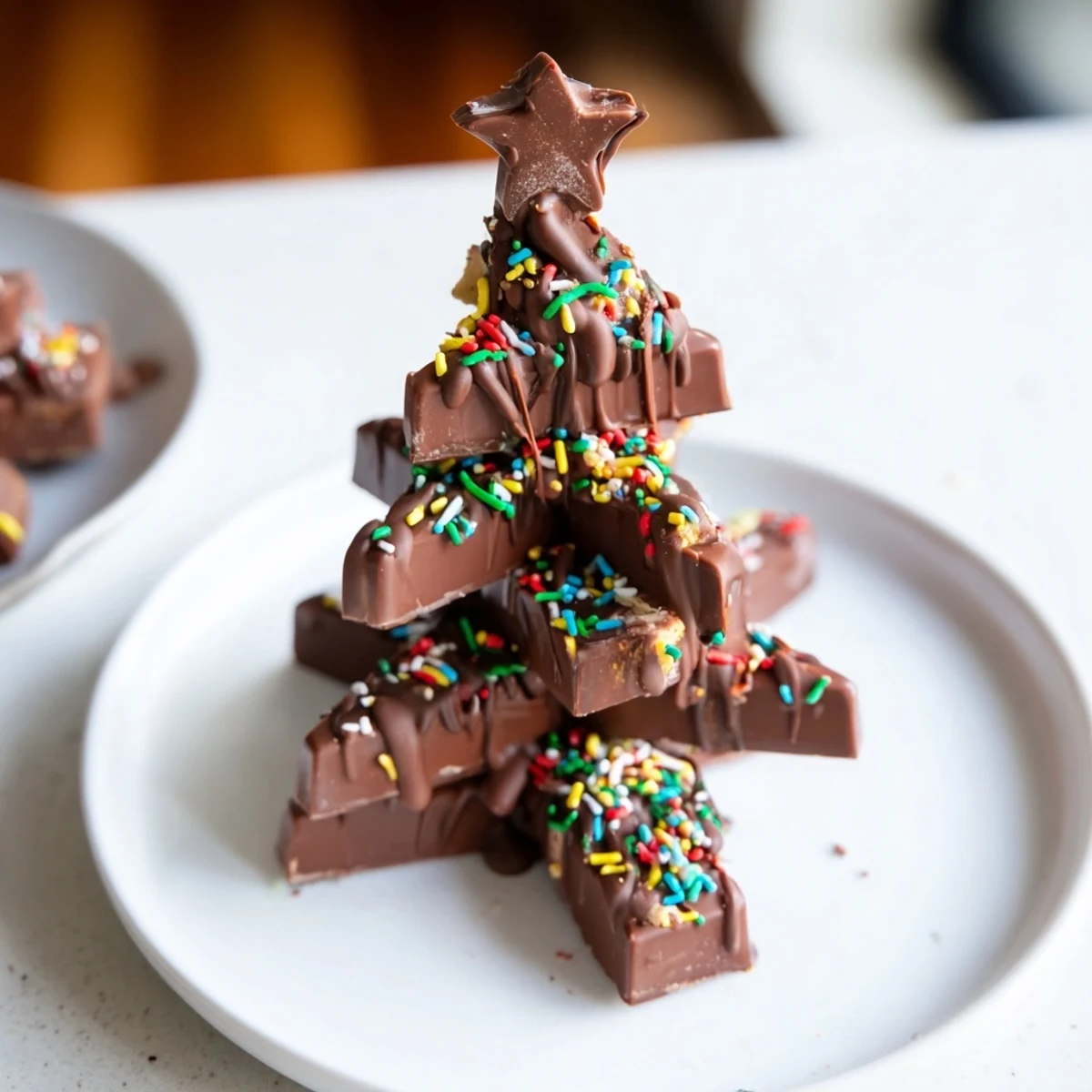 Adorable Chocolate Kinder Christmas Trees drizzled with melted chocolate and festive sprinkles, ready to serve.