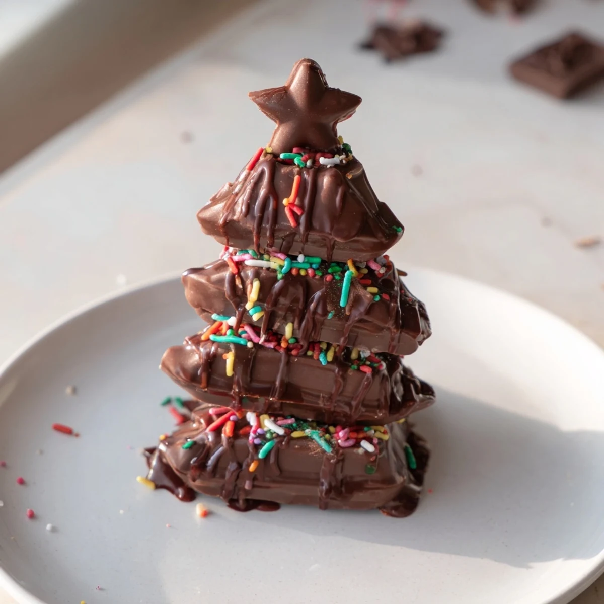 Stacked mini Kinder bars expertly transformed into tempting Chocolate Kinder Christmas Trees, a delightful holiday dessert.