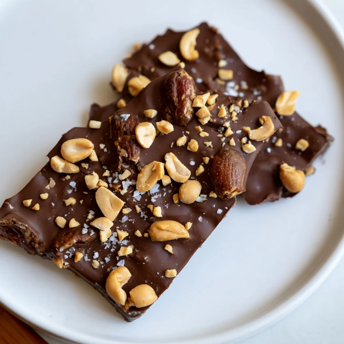 Image of Date Bark Snickers-Style: Layers of dates and peanut butter, finished with melted chocolate and peanuts.