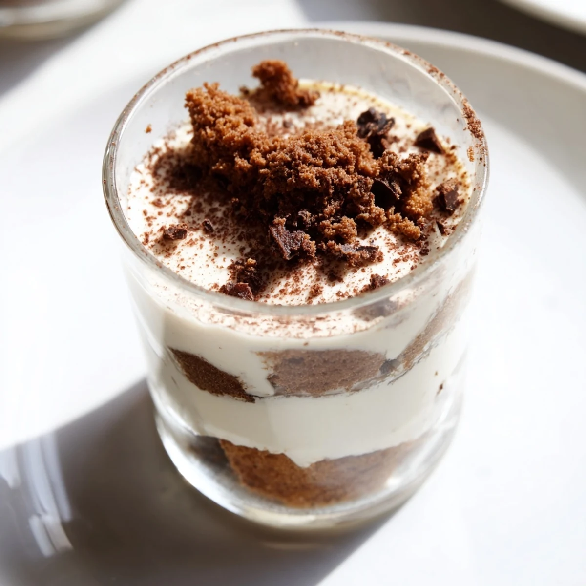 Elegant individual Deconstructed Tiramisu Shots: Espresso-soaked biscuits beneath mascarpone cream, ready to eat.