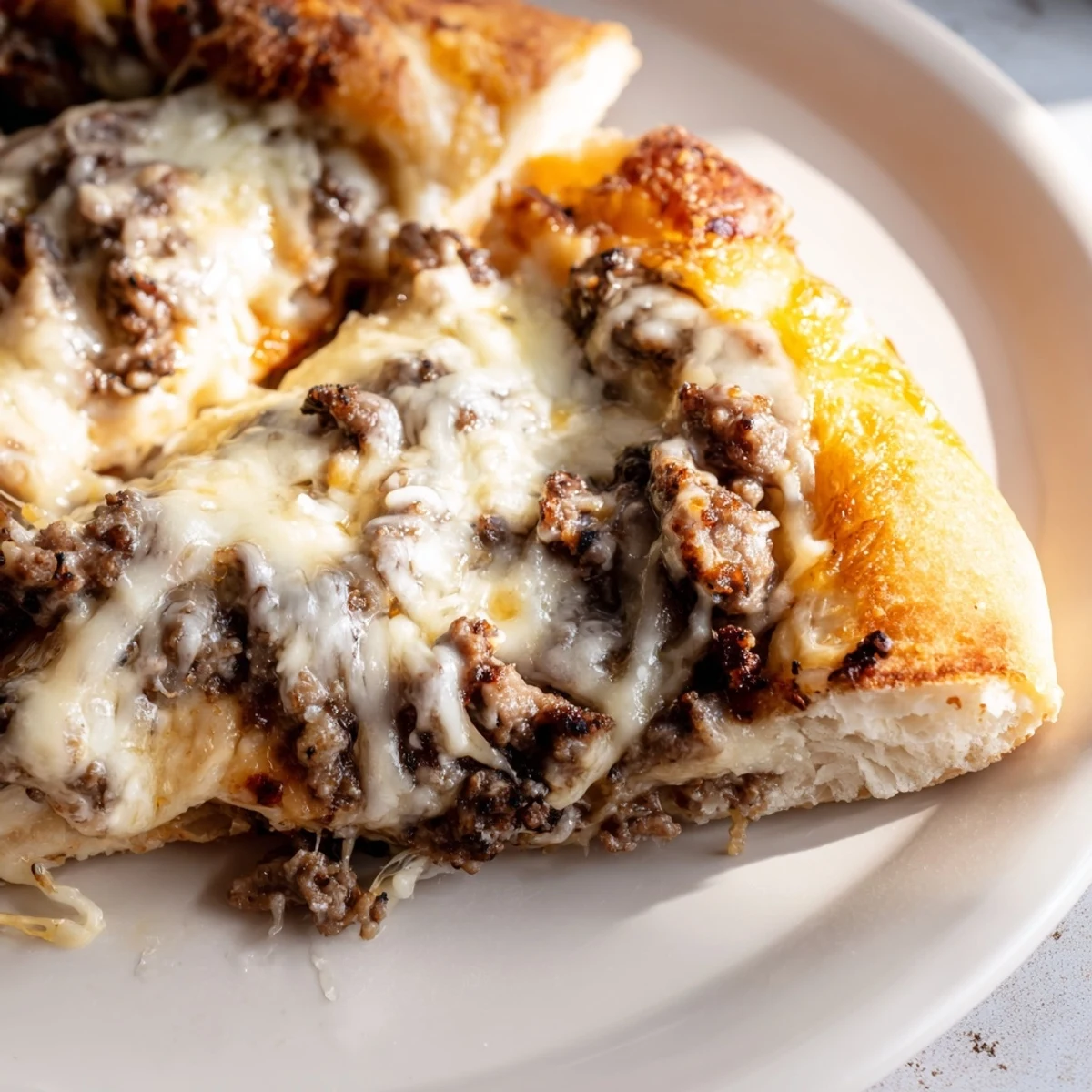 Ground Beef Alfredo Pizza boasts melted mozzarella and savory ground beef nestled in creamy Alfredo.