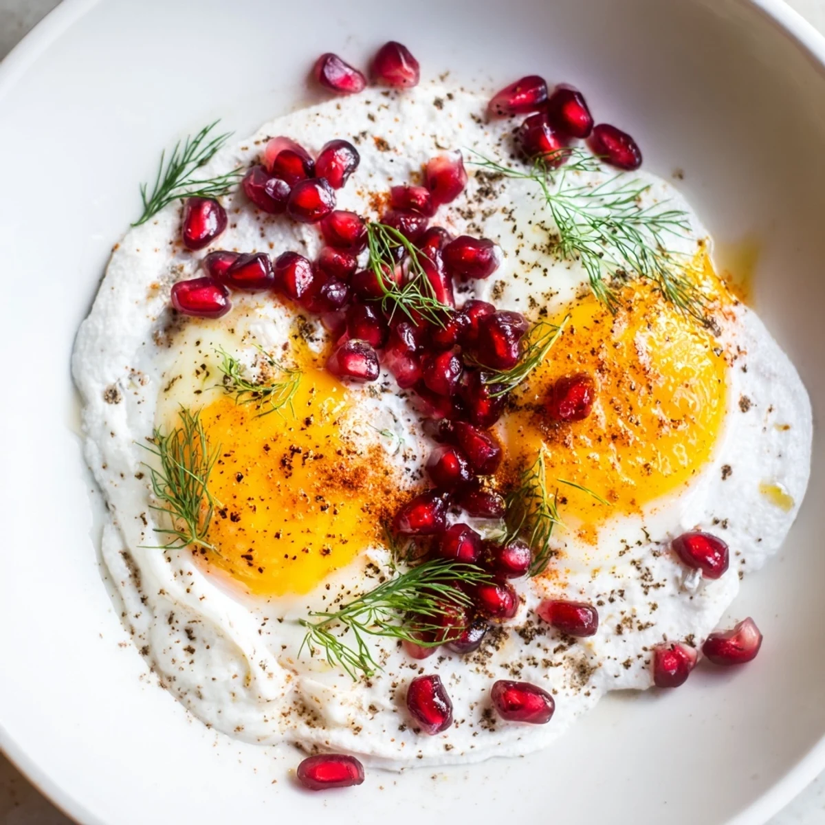 Golden poached eggs on Çılbır, a Turkish breakfast with creamy yogurt, topped with sumac and pomegranate.