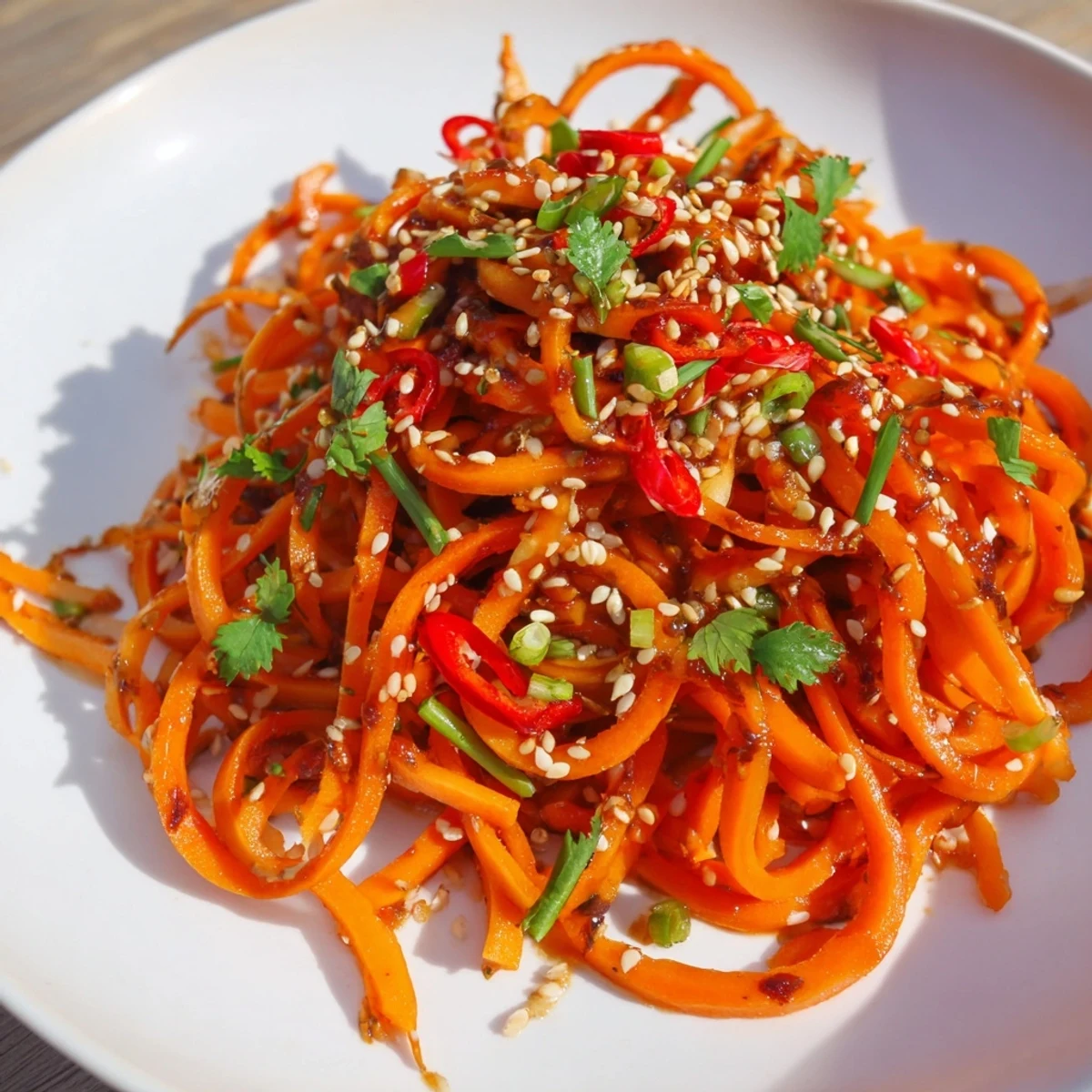 Vibrantly-colored Carrot Ribbon Salad Asian-Style is bathed in a glossy dressing, ready to be enjoyed.
