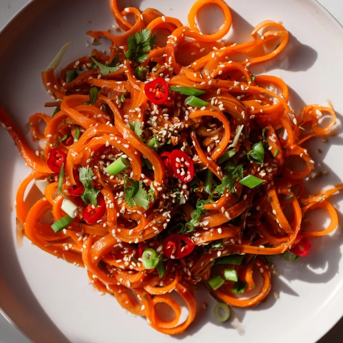 A close-up view of flavorful Carrot Ribbon Salad Asian-Style with bright green cilantro and chilis.