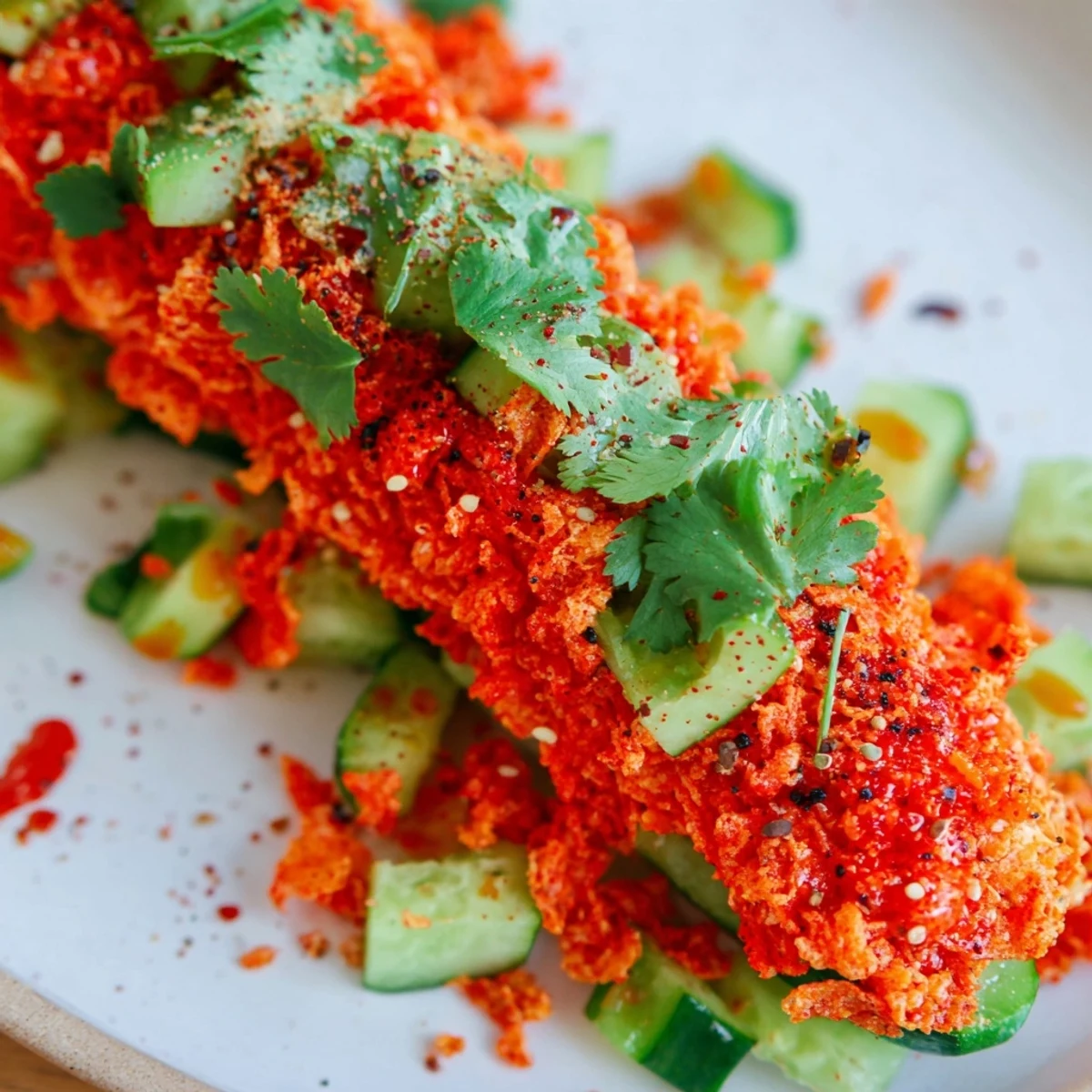A brightly colored Flamin Hot Cheeto Salad with cool cucumber and cilantro, ready to eat.
