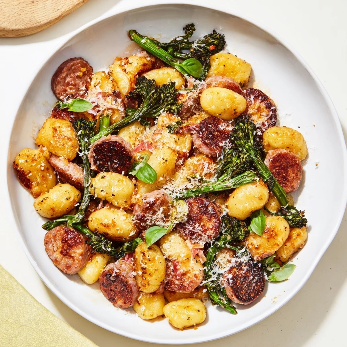 Golden, crispy Sheet Pan Gnocchi Bake with sausage and broccolini, ready to serve, steaming hot.