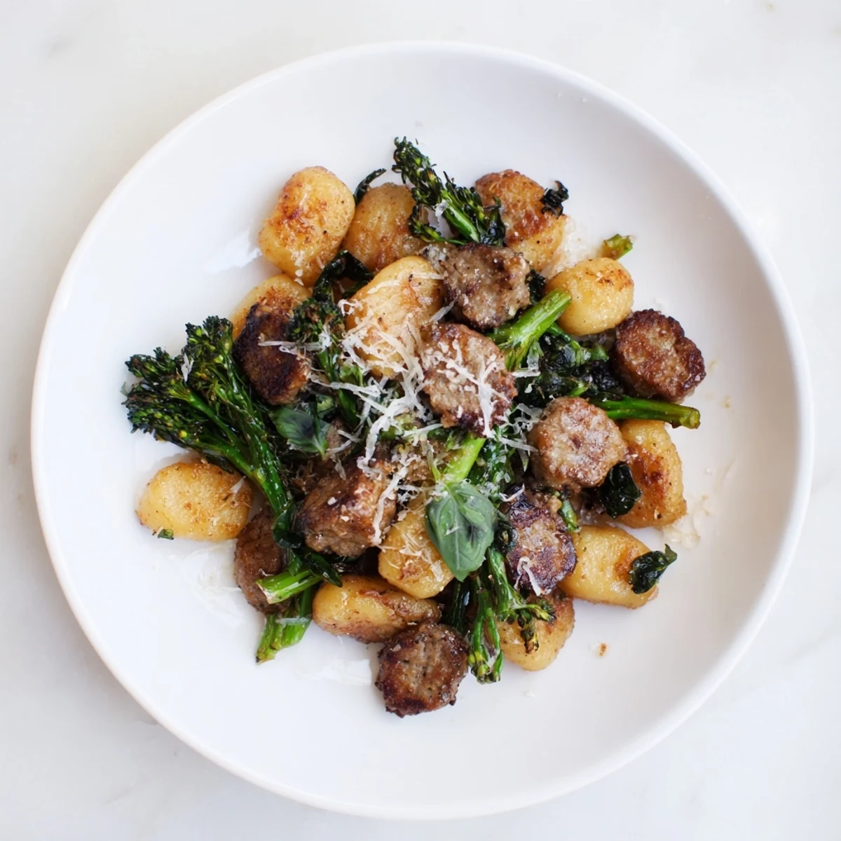 Savory Sheet Pan Gnocchi Bake with browned gnocchi, melting Parmesan, and vibrant broccolini.