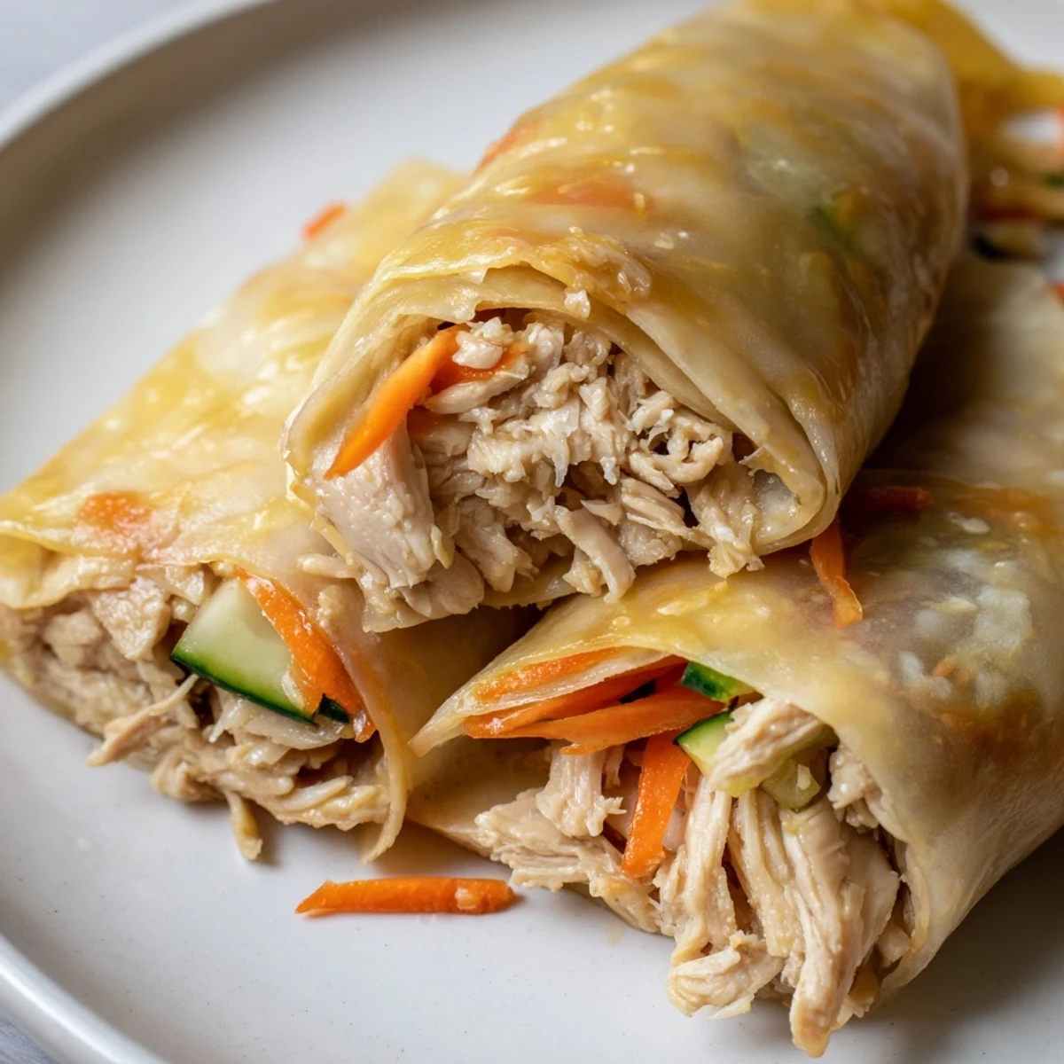 A close-up image reveals the inviting, pan-fried exterior of flavorful Garlicky Pulled Chicken Wraps.