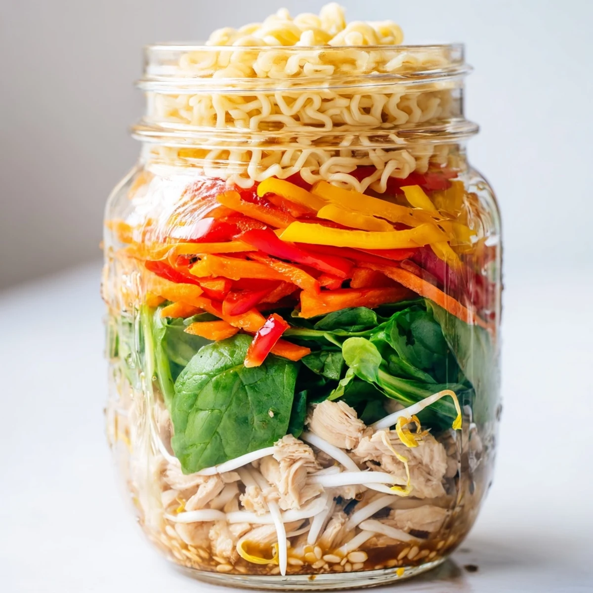Mason jar noodle meal prep with colorful veggies and chicken, ready for a quick lunch.