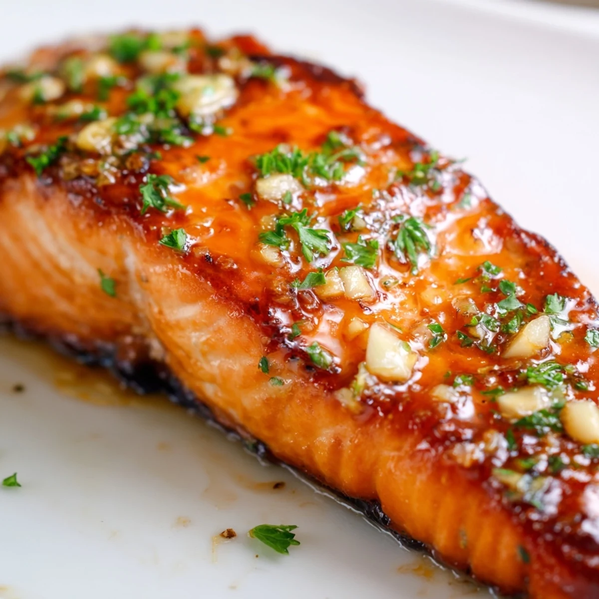 A close-up of tender honey garlic glazed salmon, its savory glaze glistening under warm light, ideal for dinner.