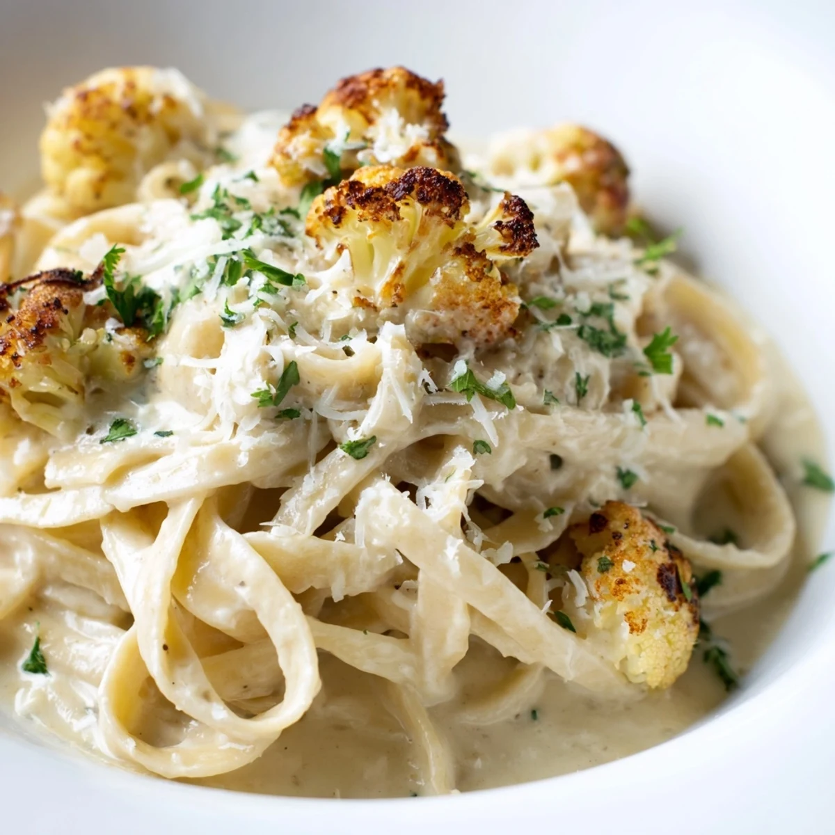 A creamy bowl of Roasted Cauliflower Alfredo tossed with fettuccine, garnished with fresh parsley and extra Parmesan cheese.