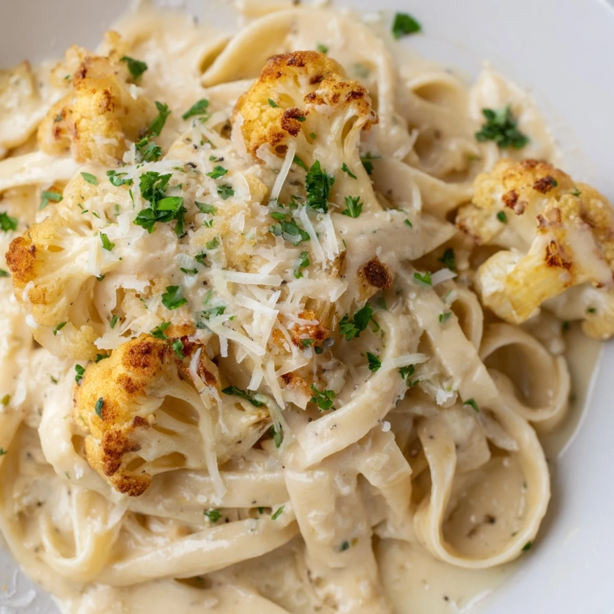 Steaming plate of Roasted Cauliflower Alfredo, a lighter Italian-inspired pasta dish with a velvety cauliflower-based sauce.