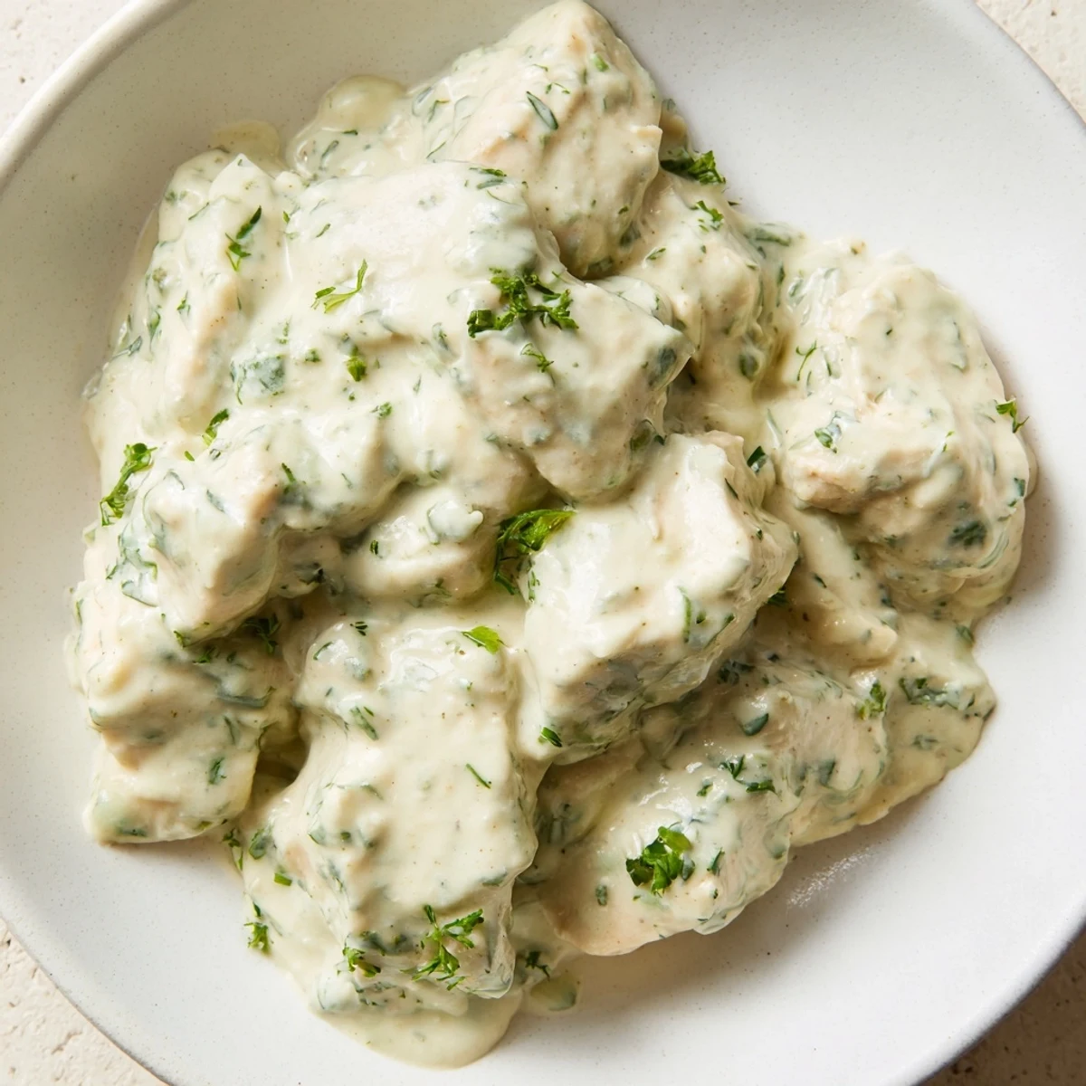 Freshly baked chicken chunks tossed in creamy Green Goddess dressing atop crisp mixed greens and colorful vegetables.  