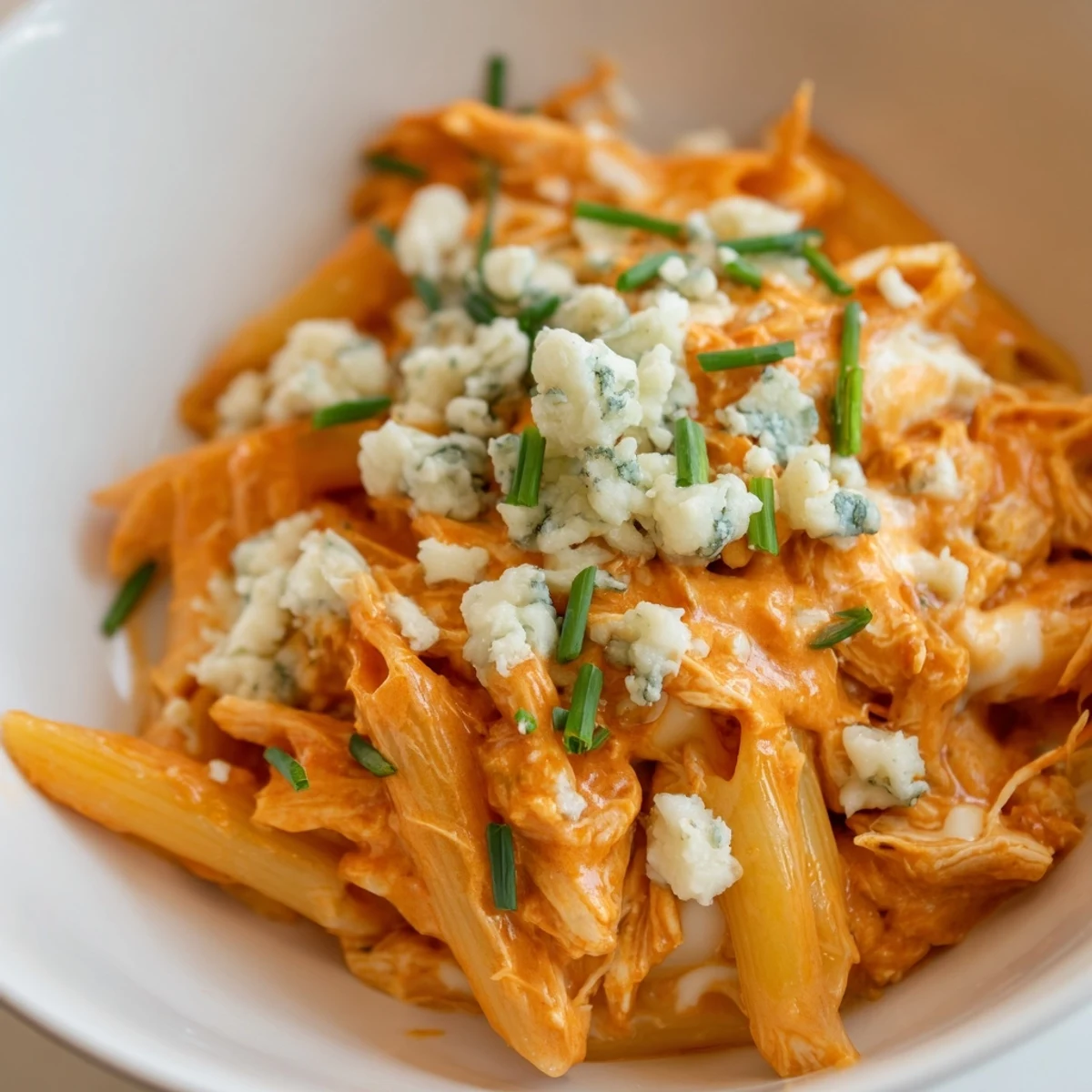 Steam rises from a bowl of Buffalo Chicken Pasta, featuring tender shredded chicken coated in tangy buffalo sauce and cheese.