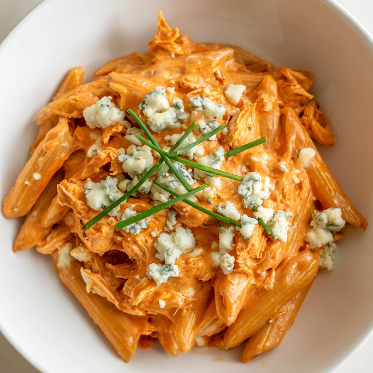 A fork lifts cheesy Buffalo Chicken Pasta from a skillet, highlighting its vibrant orange sauce and savory garnish.