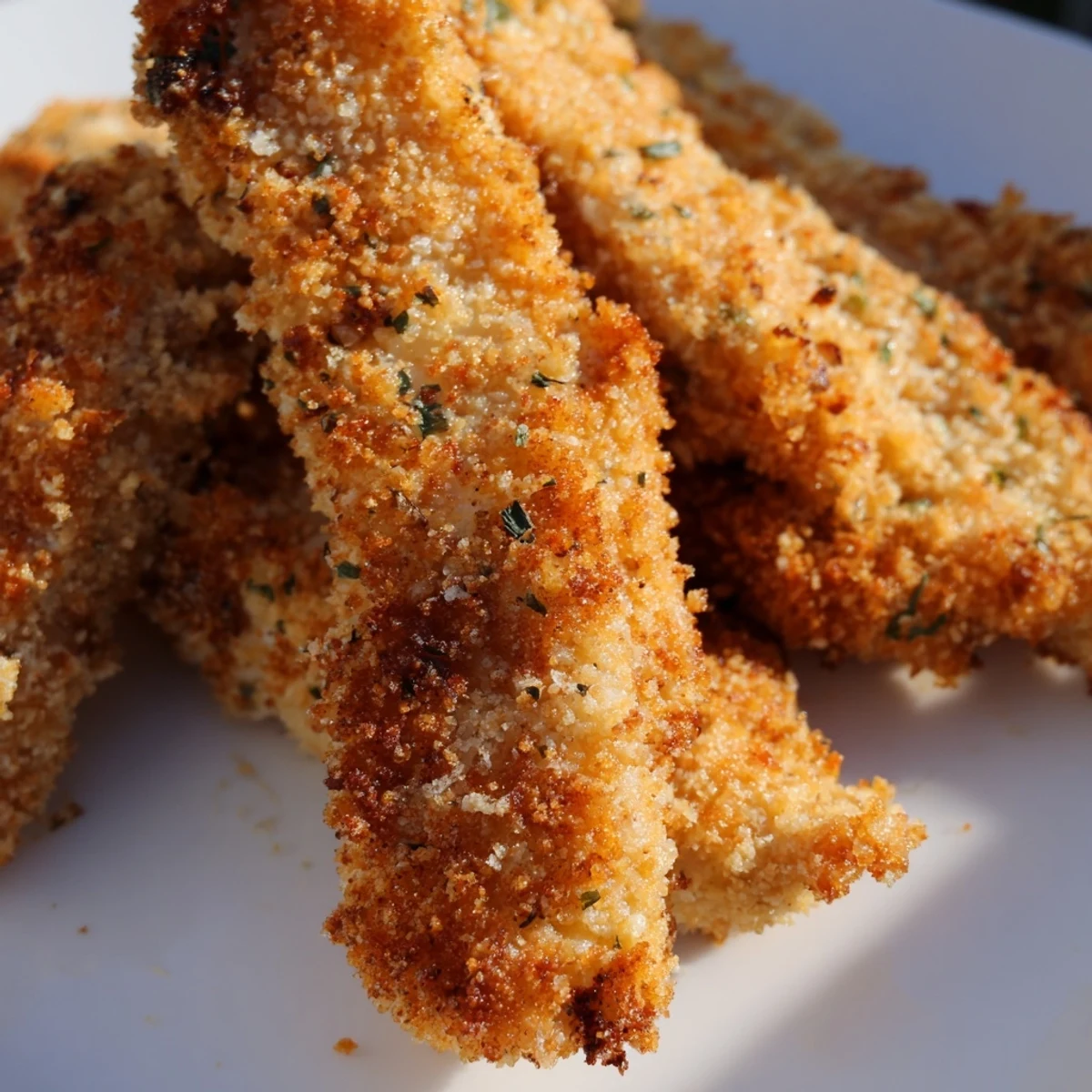Golden-brown Crispy Panko Chicken Strips fresh from the oven, resting on a parchment-lined baking sheet.  