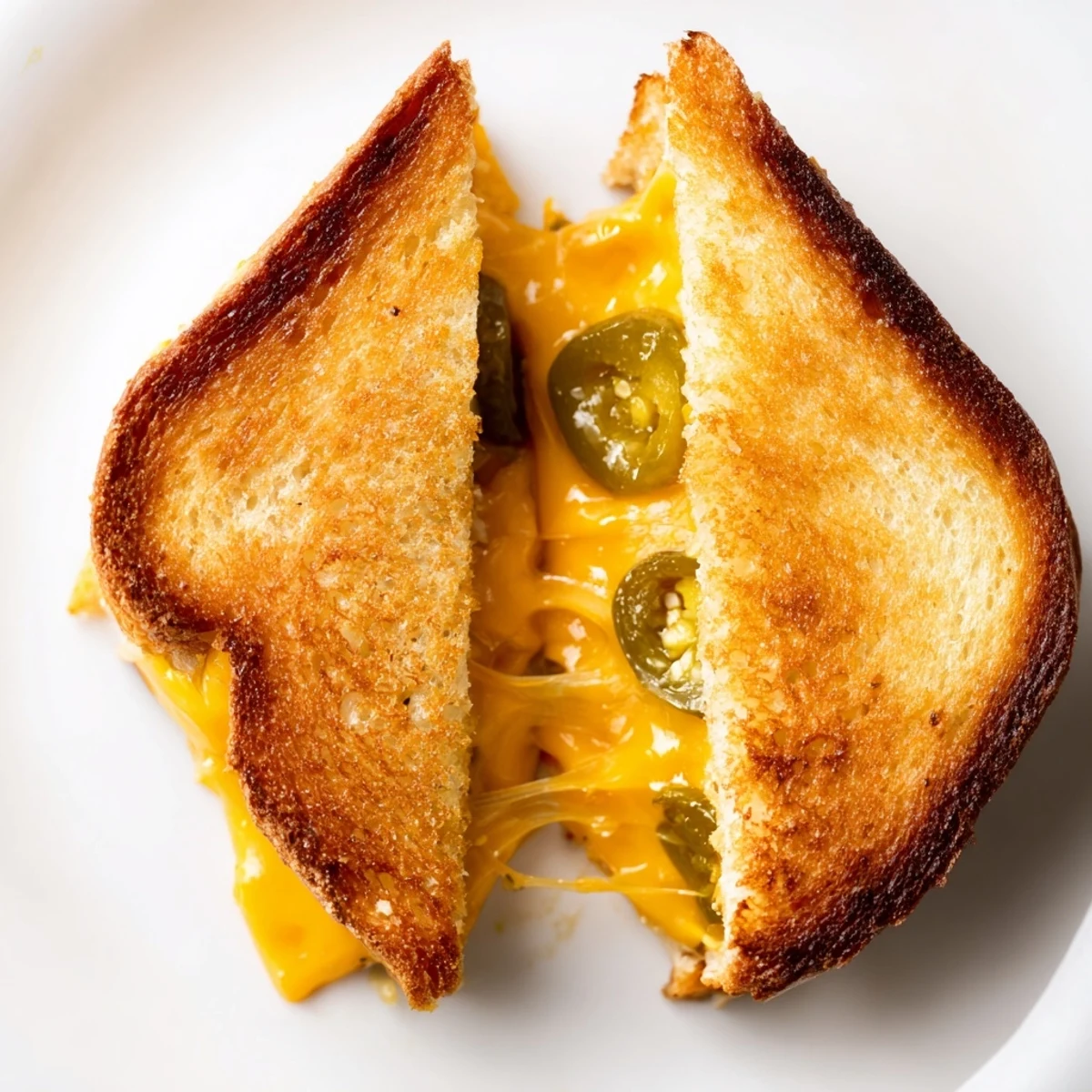 Freshly sliced Cheddar Jalapeño Grilled Cheese serving, highlighting the melted cheese and spicy jalapeños on buttery sourdough.