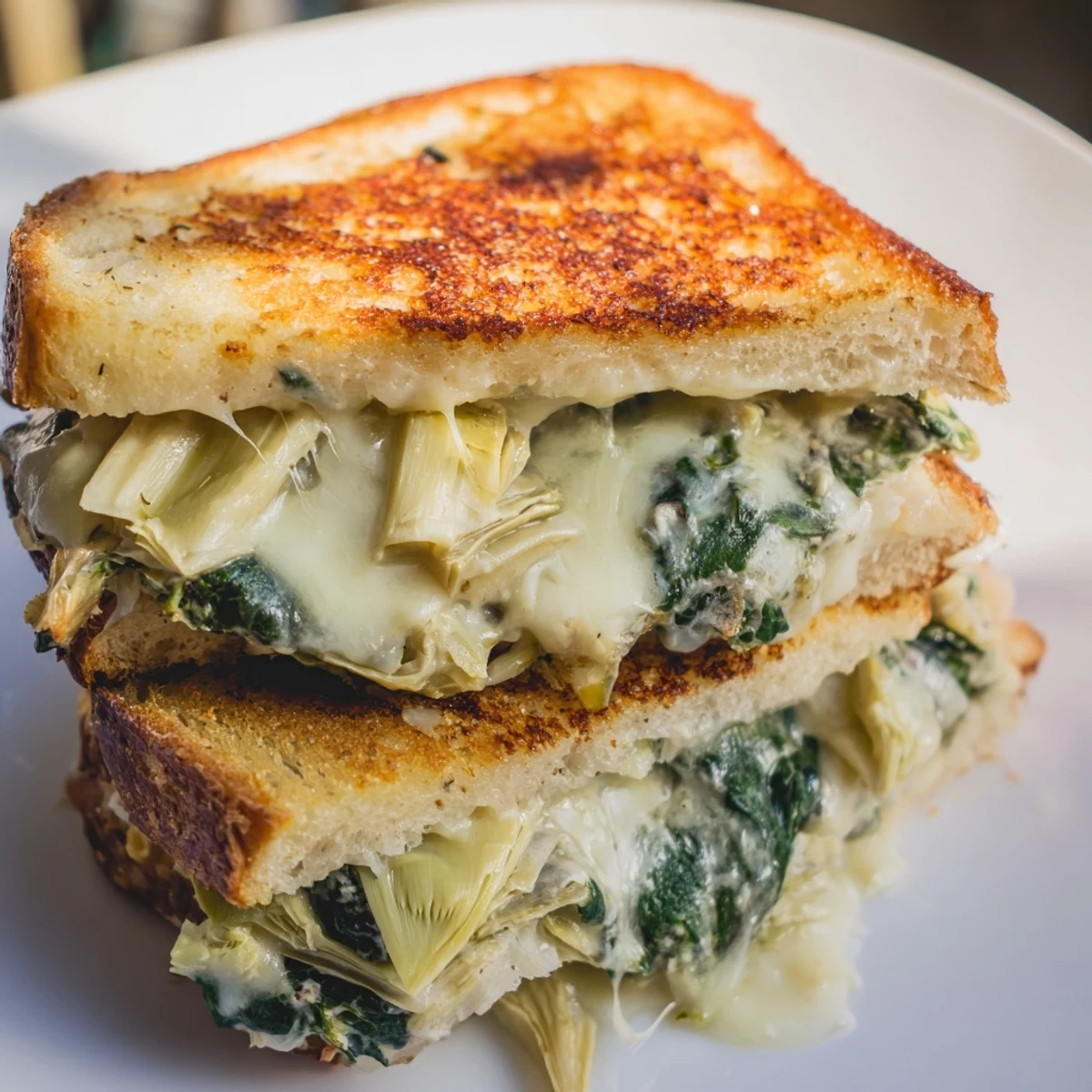 Spinach Artichoke Grilled Cheese with melty mozzarella, crisp sourdough, and a side of tomato soup on a cozy table.