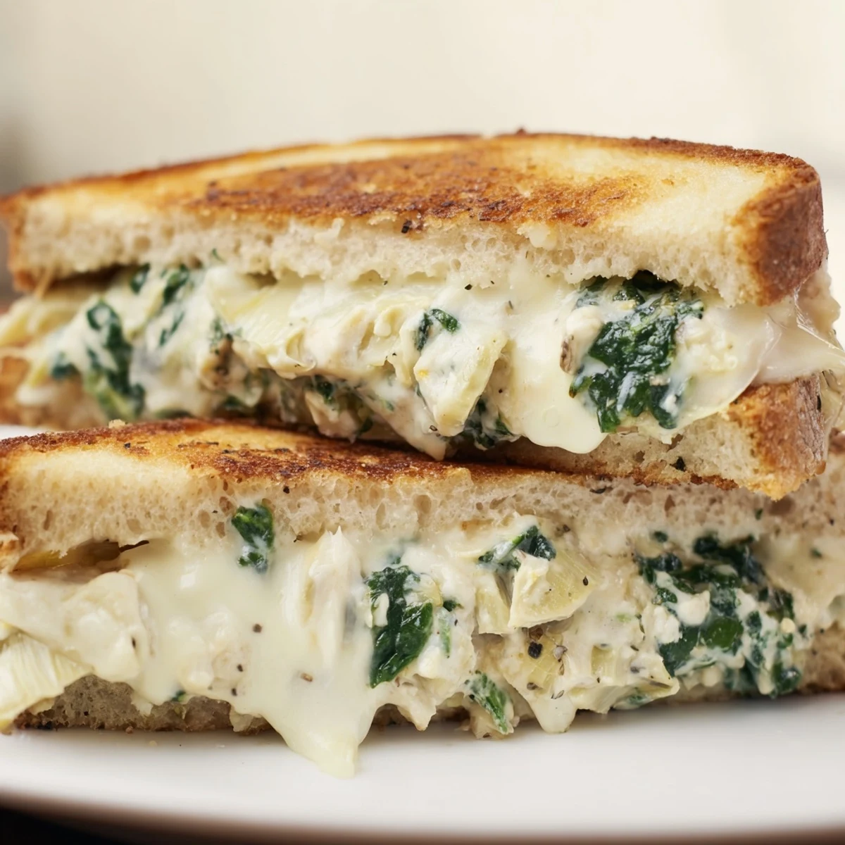 A close view of Spinach Artichoke Grilled Cheese, showcasing golden, buttery crust and vibrant spinach and artichoke filling.
