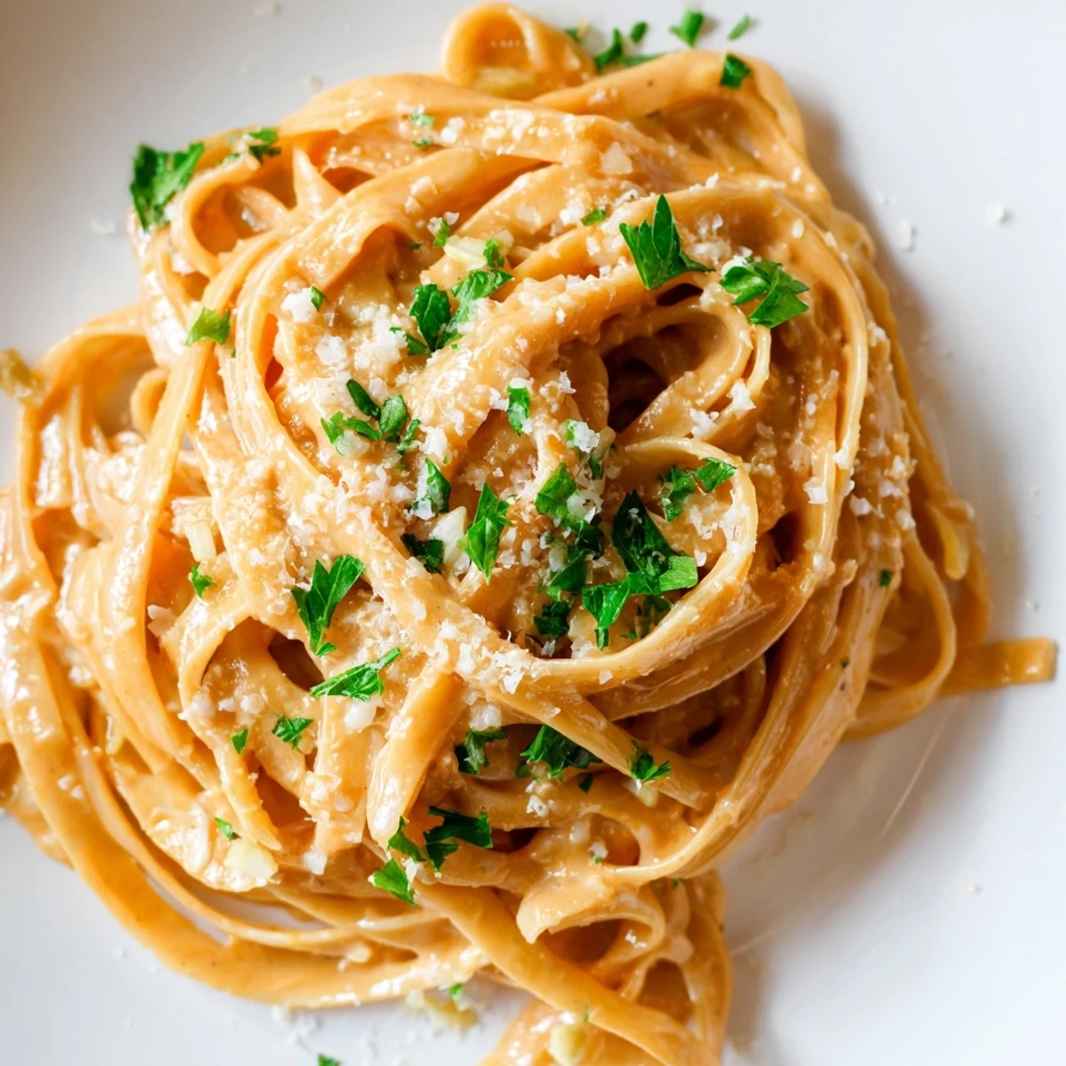 Creamy Sriracha Honey Pasta twirls in a glossy, spicy-sweet sauce, garnished with fresh parsley and parmesan.