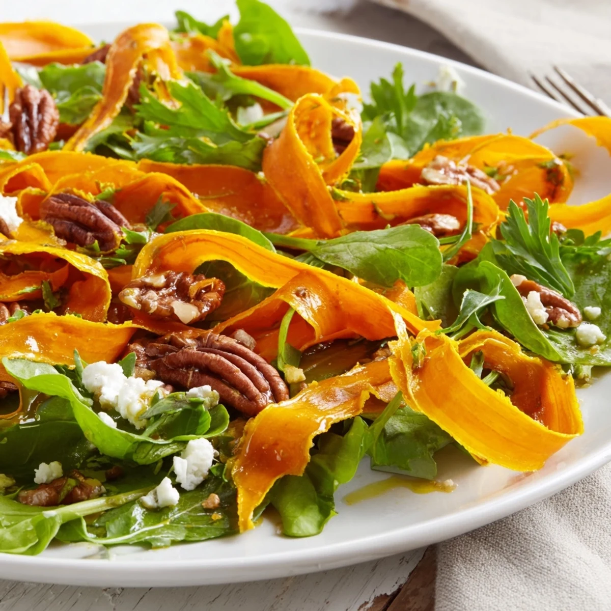 Freshly roasted carrot ribbons, lightly caramelized, fan over a bed of peppery arugula and spring mix, ready for a honey-mustard vinaigrette.
